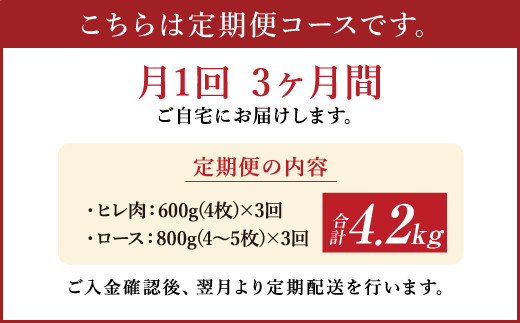 【定期便3ヶ月】熊本産 ステーキ用 あか牛 ヒレ ロース 合計4.2kg