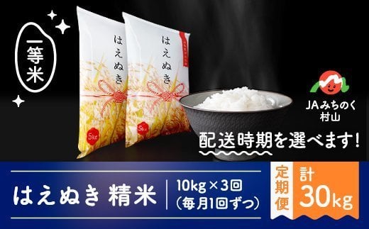 米 はえぬき 毎月定期便 10kg×3回 精米 令和4年産 2022年産 山形県村山市産 ja-haxxb10_tm