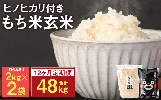 【定期便12ヵ月】 熊本県 菊池産 もち米 玄米 2kg×2袋 白米 300g 計51.6kg ヒヨクモチ