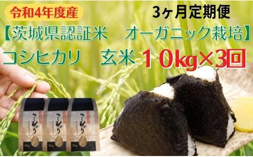 【3ヶ月定期便】コシヒカリ 玄米10kg×3回【茨城県認証米／オーガニック栽培】