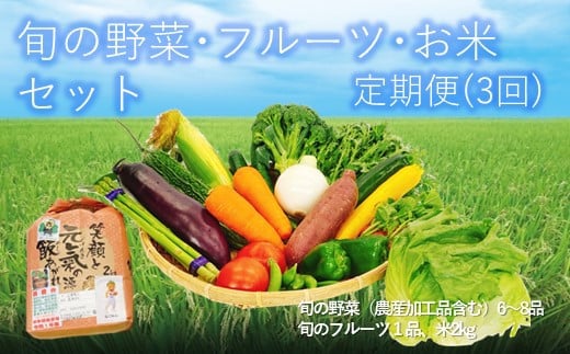 [定期便3回]旬の野菜(6〜8品)・フルーツ・お米セット