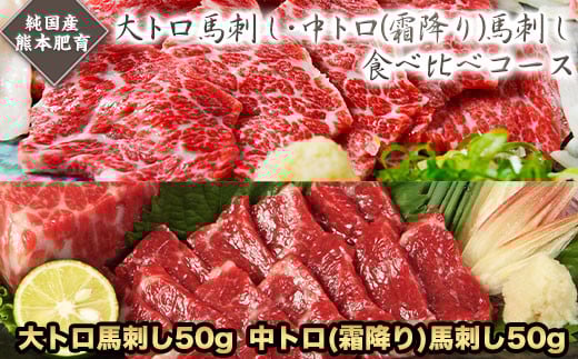 大トロ馬刺し・中トロ(霜降り)馬刺し食べ比べコース【純国産熊本肥育】大トロ馬刺し(50g)、中トロ(霜降り)馬刺し(50g)《30日以内に出荷予定(土日祝除く)》送料無料 ふるさと納税 st-p 961037 - 熊本県荒尾市