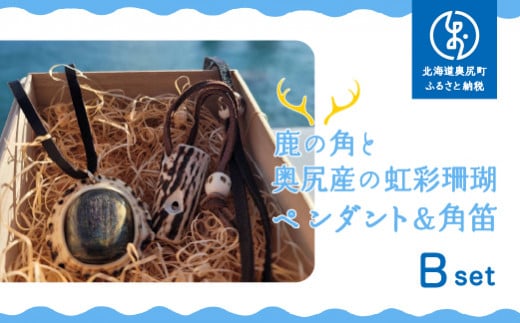 鹿の角と奥尻産の虹彩珊瑚（深海松）のペンダント＆角笛セットB【一点もの】