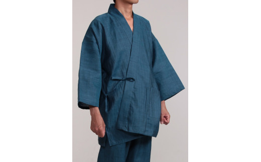 [薄緑(格子)・LLサイズ]染め・織り・縫製 すべて地元遠州製 本麻作務衣