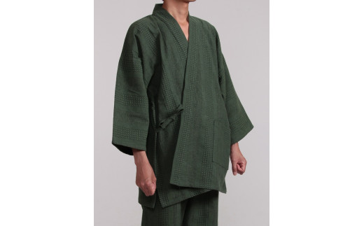 061-7　【緑・Mサイズ】染め・織り・縫製　すべて地元遠州製　三子杢撚紋織作務衣