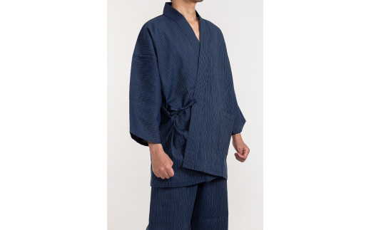 [紺・LLサイズ]織り・縫製 地元遠州製 子持縞作務衣