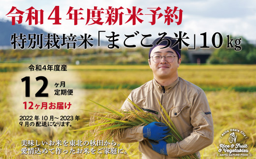 710P9002 令和4年産新米予約【定期便12ヶ月】秋田県特別栽培米あきたこまち「まごころ米」10kg（10月～9月配送）