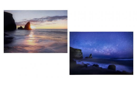 ポストカード「冴ゆる海へ」（左）「静寂の中の輝き」（右）撮影場所：大波月海岸
