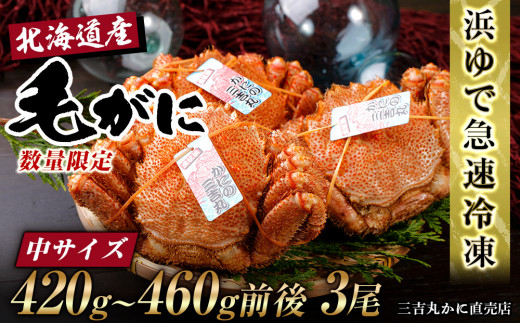 【中サイズ】北海道産 冷凍ボイル毛ガニ (420g-460g前後)3尾 
