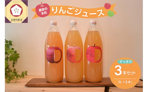 青森 りんごジュース 1L×3本 りんご 果汁 100％ ストレート すっきり 飲み比べ 詰め合わせ セット 1070428 - 青森県五所川原市