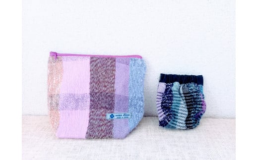 手織り(さをり織り)×播州織紺デニムのポーチセット   紫系　職人技　手織り　カラフル　やさしい風合い　個性豊か