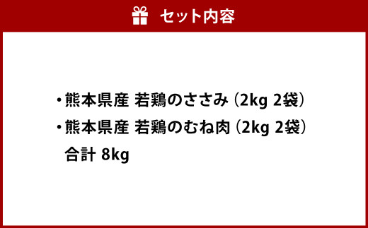 大容量 熊本県産 若鶏 ヘルシー セット F ( ささみ ・ むね肉 ) 合計8kg (各2kg×2袋)