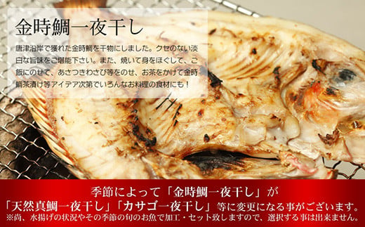 金時鯛一夜干し 唐津沿岸で獲れた金時鯛をふっくら干物にしました。
クセがなく淡泊な味は、ほぐし身で鯛茶漬け等いかがですか。