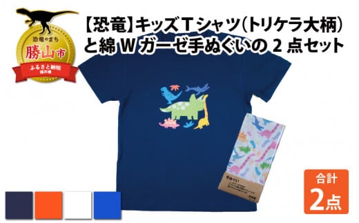 キッズTシャツ(トリケラ大柄・S / オレンジ)と綿Wガーゼ手ぬぐいの2点セット[A-003028_01_02] 720680 - 福井県勝山市