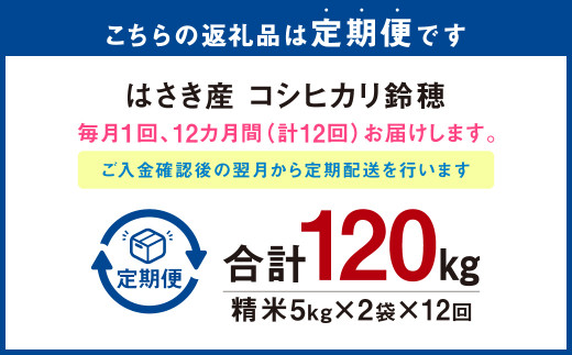 【12ヶ月定期便】オリジナルブランド米！はさき産コシヒカリ 鈴穂 精米 10kg（5kg×2）×12回