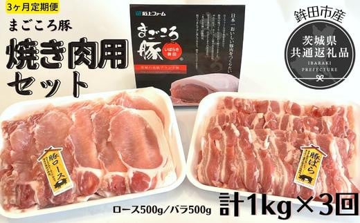 【3ヶ月定期便】まごころ豚　焼き肉セット　1kg（ロース＆バラ）×3回（茨城県共通返礼品・鉾田市産）