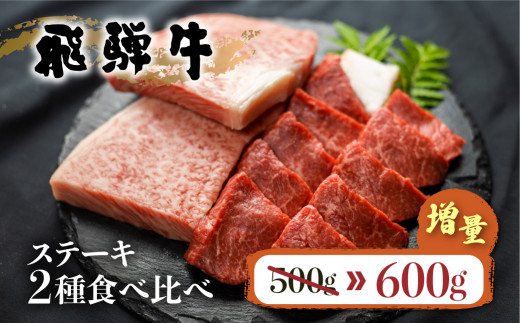 期間限定 増量 飛騨牛ステーキ 2種 計600g [歓喜] 霜降り肉 赤身肉 食べ比べ ひと口ステーキ セット 肉 牛肉 黒毛和牛 ギフト お中元 お歳暮 贈答 記念日 30000円 [S343]