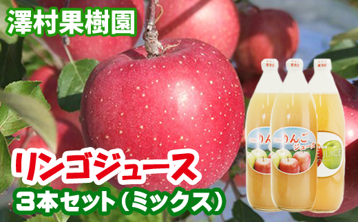 リンゴジュース３本セット【澤村果樹園】 / りんごジュース 100% 1000ml 種類おまかせ 689447 - 岩手県滝沢市