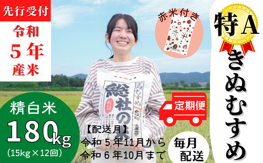 【令和5年産米】(赤米付き）特Aきぬむすめ【精白米】180kg定期便（15㎏×12回）岡山県総社市産〔令和5年11月から令和6年10月まで毎月配送〕  23-180-001