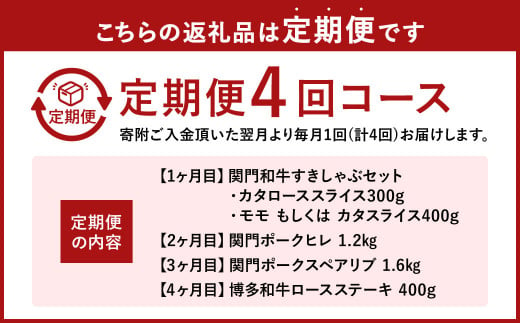 【4ヶ月定期便】 博多和牛 ・ 関門和牛 ・ 関門ポーク の 食べ比べ 定期便