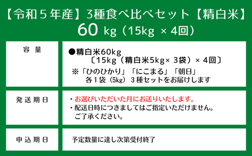 令和5年産米】3種食べ比べセット【精白米】60kg定期便（15㎏×4回）岡山