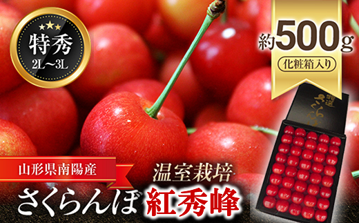 【令和7年産先行予約】【数量限定】温室さくらんぼ 「紅秀峰」 約500g (特秀 2～3L) 化粧箱入り 《令和7年5月下旬～発送》 『松田観光果樹園』 数量限定 サクランボ 果物 フルーツ 産地直送 生産農家直送 ギフト 贈答 山形県 南陽市 [1692] 543850 - 山形県南陽市