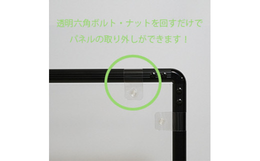  透明パネルは、パネルバンドで固定されていま す。透明六⾓ボルト・ナットを回すだけで簡単 にパネルの取付取外しができます。