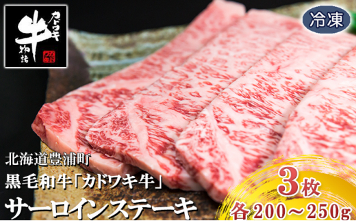 北海道 黒毛和牛 カドワキ牛 サーロイン ステーキ 3枚 200～220g/枚【冷凍】
