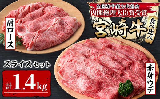 KU440 宮崎牛赤身ウデ肉800gと肩ロース600ｇの食べ比べスライスセット（合計1.4kg）