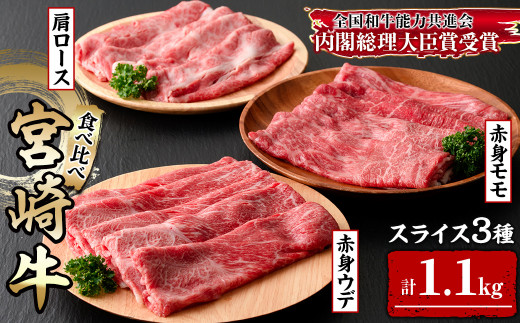 KU441 宮崎牛赤身モモ肉400g、赤身ウデ肉400g、肩ロース300ｇの食べ比べスライスセット（合計1.1kg）