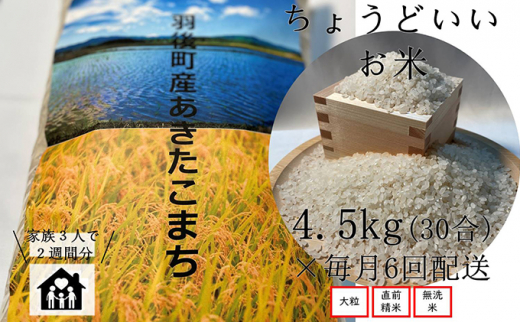 ちょうどいい量のお米 定期便 ◎ あきたこまち 無洗米（毎月4.5kg×6回） 570175 - 秋田県羽後町