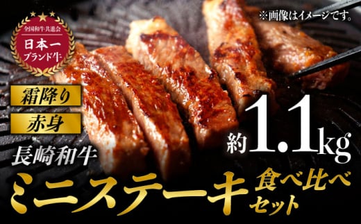 長崎和牛 ミニステーキ 食べ比べセット (霜降り[ロース]・赤身[もも]) 計約1.1kg / 牛肉 和牛 モモ肉 ロース ステーキ肉 小分け 焼肉 [BAJ094]