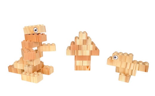 組み立てイメージ：恐竜(左)・木(中央)・ひよこ(右)