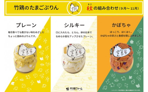 【配送地域限定】秋季限定＜白石蔵王育ち＞竹鶏のたまごぷりん　プレーン・シルキー・カボチャ各種3個セット【17101】