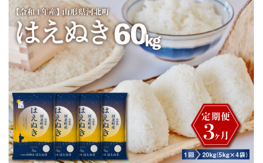 ☆選べる配送時期☆【令和4年産 米】一等米 はえぬき 60kg 定期便 （20kg×3回） 山形県産【米COMEかほく協同組合】