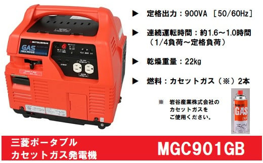 三菱ポータブルガス発電機　MGC901GB　カセットボンベ燃料（キャスター付き）