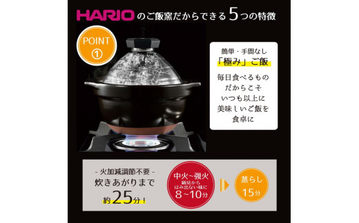 HARIO フタがガラスのご飯釜 2～3合［GNR-200-B］｜ハリオ 耐熱 ガラス キッチン 日用品 キッチン用品 日本製 おしゃれ かわいい  おかゆ ご飯 ご飯釜 炊飯器 2合 3合_BE14※離島への発送不可※着日指定不可