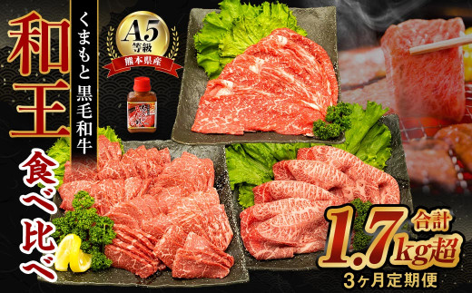 【3ヶ月定期便】 熊本県産 A5等級 黒毛和牛 和王 食べ比べ 合計約1750g 牛肉 セット 613823 - 熊本県水俣市