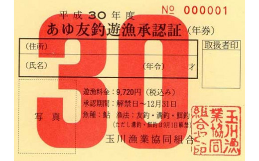 あゆ釣り遊魚承認証 年券1枚 476966 - 和歌山県九度山町