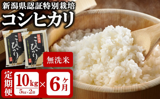 令和4年産米【定期便】新潟県認証特別栽培 コシヒカリ 無洗米 10kg（5kg×2袋）×6回（計 60kg） 真空パック