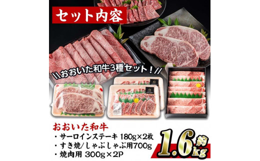 おおいた 和牛 3種 セット  (合計1.66kg・サーロインステーキ180g×2枚・ウデ肉700g・焼肉300g×2P)-百年の恵み-【BD186】【西日本畜産 (株)】