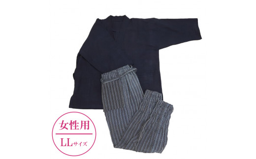 [LLサイズ×女性用:ファスナー無し]天然にこだわった自慢の逸品 [みくりや染織]正藍染手織り木綿作務衣上下一式(上衣無地・ズボン刺し子織り)