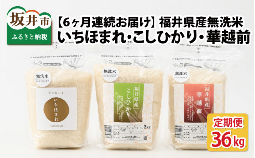 [I-6102] 定期便 ≪6ヶ月連続お届け≫ 福井産無洗米 いちほまれ こしひかり 華越前 各2kg × 6回 計36kg 【 無洗米 人気 品種 ブランド米 特A 】 634904 - 福井県坂井市