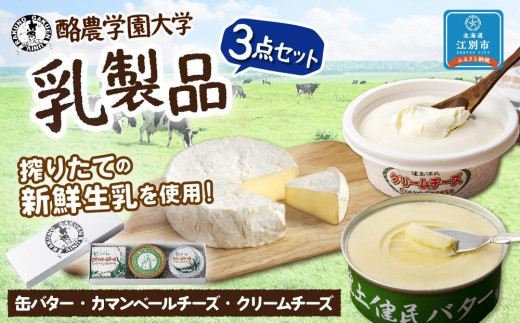 酪農学園大学　乳製品3点セット（バター・カマンベールチーズ・クリームチーズ）【チーズ バター ヨーグルト 詰め合わせ 缶 北海道 】