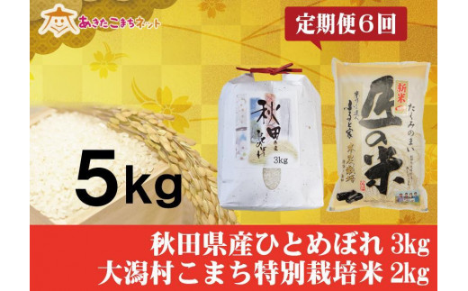 【定期便】秋田市産ひとめぼれ3kg・大潟村産あきたこまち2kgセット半年間(6か月) 632217 - 秋田県秋田市