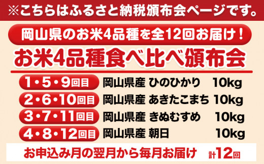 95.岡山県産のお米4品種食べ比べ頒布会 全12回 毎月違う品種が届く！《お申込み月の翌月から出荷開始》