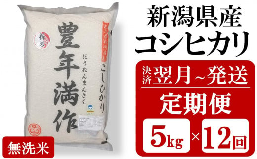 【定期便12回】新潟県認証特別栽培米 コシヒカリ 無洗米『豊年満作』 5kg×12回（計 60kg）