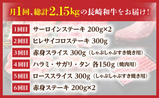 【農場直営/A4ランク】【6回定期便】A4長崎和牛 ちょこちょこ定期便（約2～3人前）/ヒレ ひれ タン たん サガリ ハラミ 【焼肉音琴】  [BCT029]