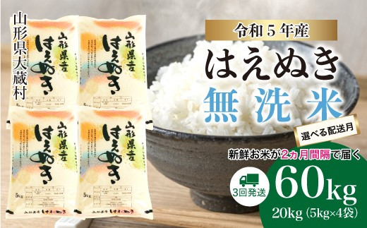 令和5年産 大蔵村 はえぬき 【無洗米】 定期便 60kg （20kg×2か月間隔で3回お届け）