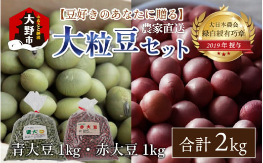 農家直送 豆好きのあなたに贈る 厳選大粒豆セット 計2kg（青大豆 1kg  赤大豆 1kg） 219604 - 福井県大野市